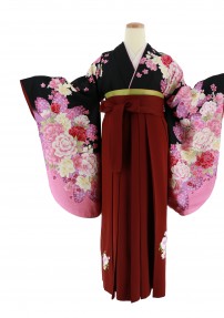 卒業式袴レンタルNo.662[ガーリー]黒×紫ピンクグラデ・赤バラ